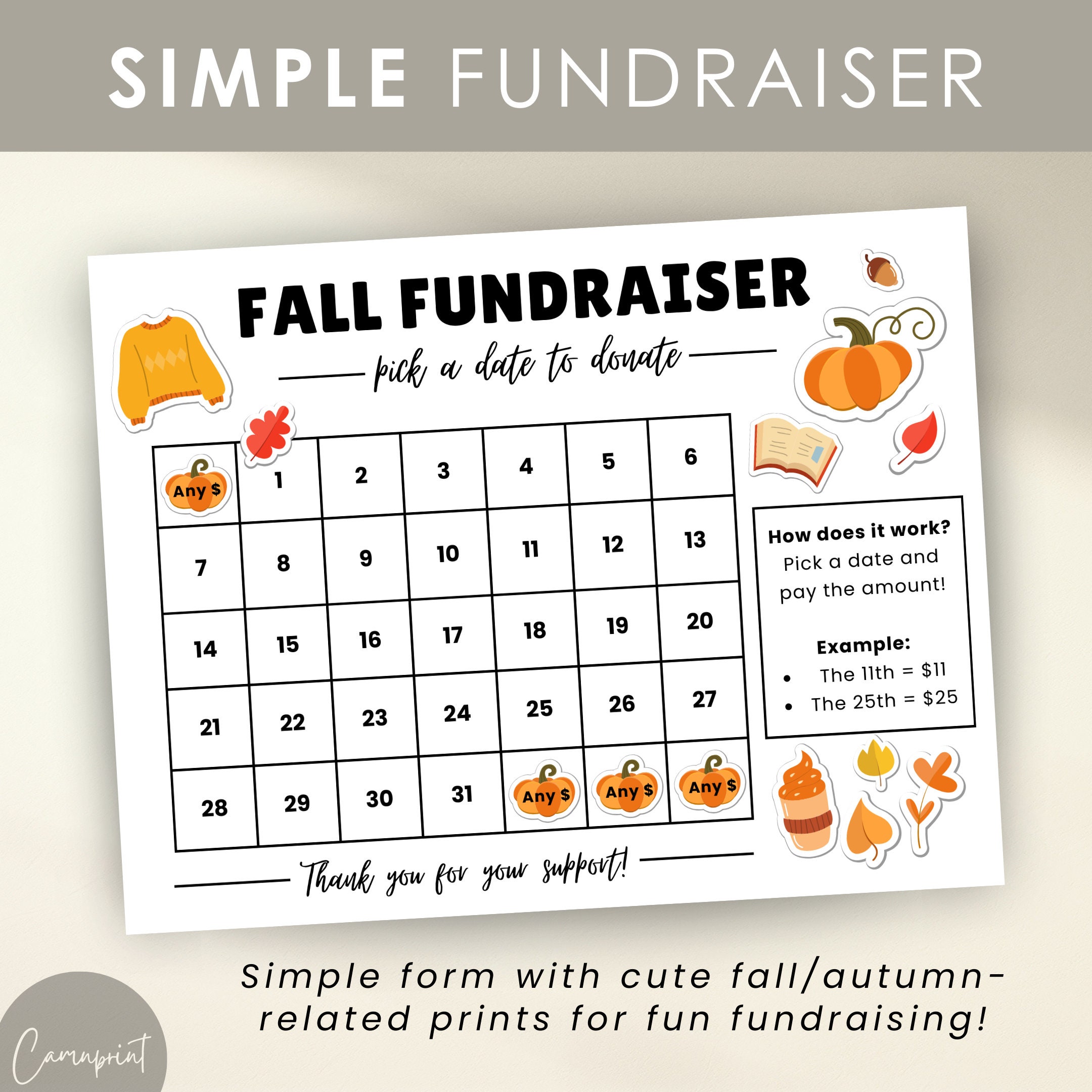 Fall Raffle Sunburst Fall Fundraiser Pick a Date to Donate Calendar Fundraiser for School ...