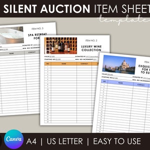 Foglio di offerte per aste silenziose modificabile, foglio di iscrizione per aste silenziose, foglio di offerte stampabile, modello per aste di raccolta fondi, pianificazione aste Canva