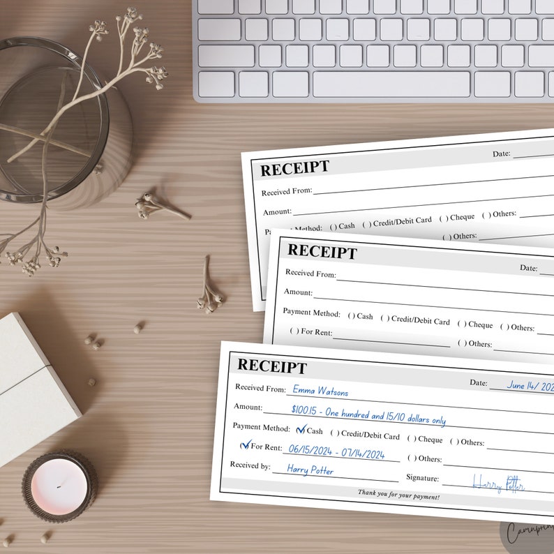 Simple Rent Receipt Template, Printable Receipt for Rental Payment ...