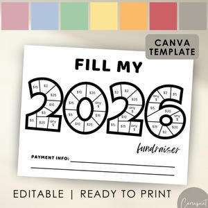 Może przedstawiać: Czarno-biały szablon do druku do zbiórki pieniędzy z tekstem "FILL MY 2026 fundraiser" i sekcją informacji o płatności. Liczby 2026 są podzielone na sekcje z kwotami w dolarach, np. 5 $, 10 $, 15 $, 20 $, 25 $ i "any $".