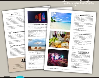 May include: A colorful auction catalog template with a modern design. The catalog features a variety of items for bid, including a weekend getaway, a gourmet dinner experience, and VIP concert tickets. The catalog also includes information about the organization and its mission.