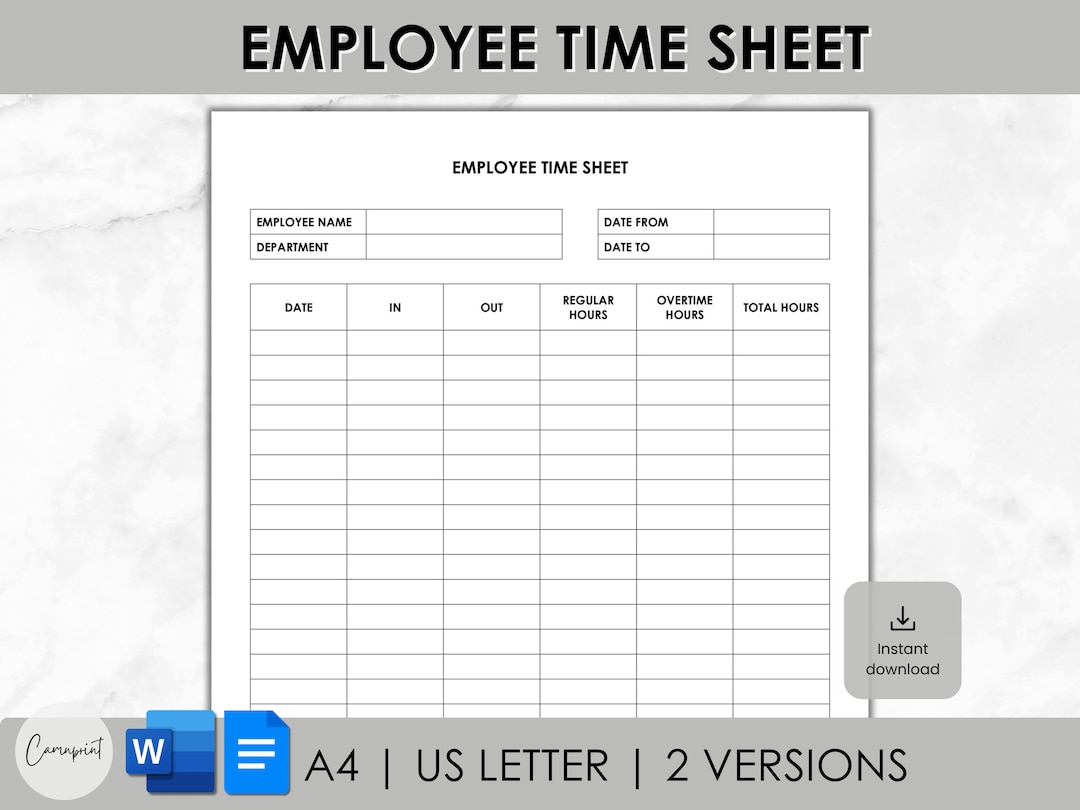 Employee Time Sheet Editable, Printable Time Card, Work Time Tracker