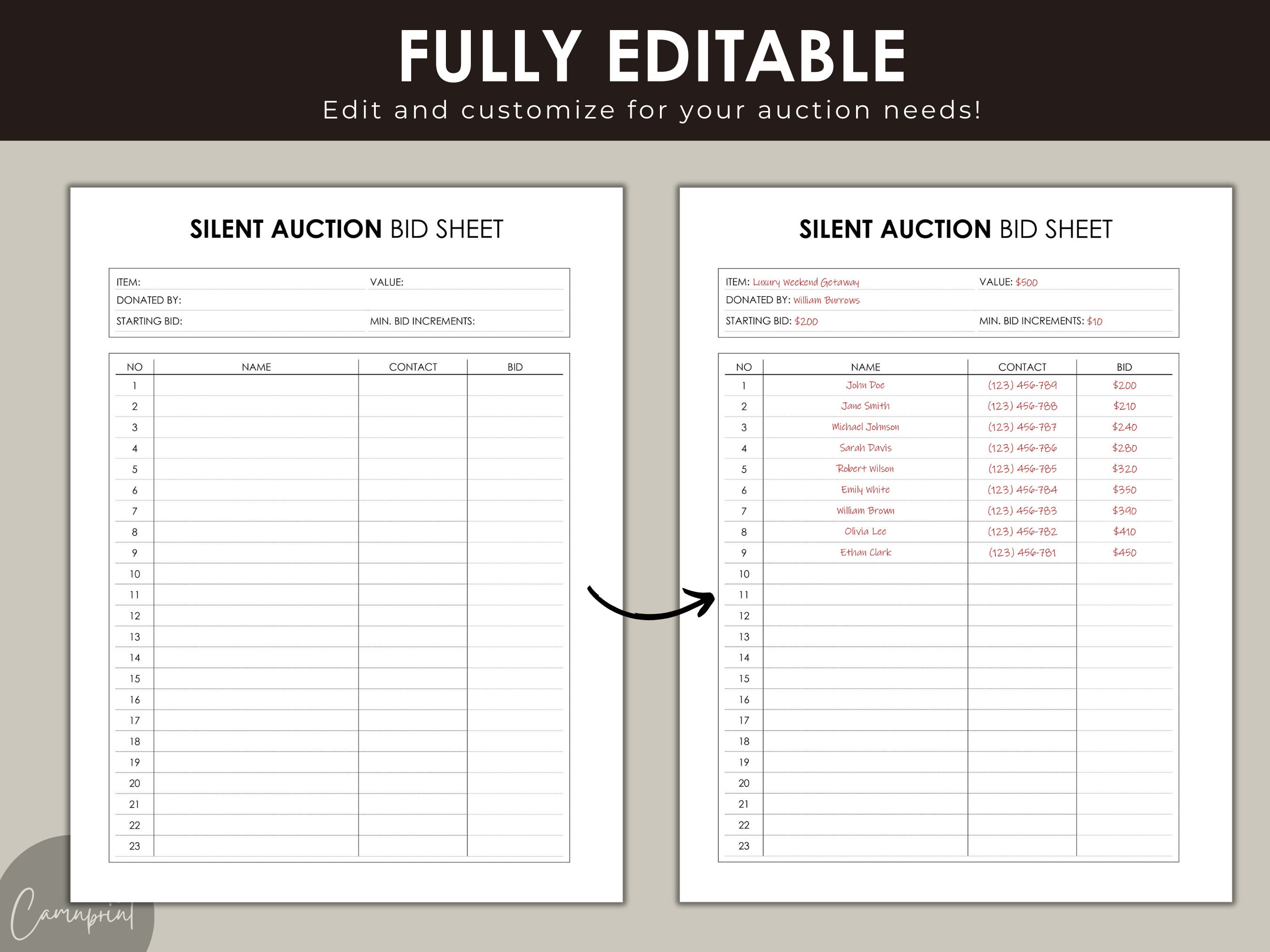 Editable Silent Auction Bid Sheet, Silent Auction Sign up Sheet ...