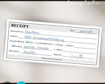 Simple Rent Receipt Template, Printable Receipt for Rental Payment Receipt for Business Receipt, Landlord Tenant Sales Receipt Editable Form