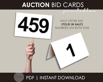 Auction Bid Card Printable, Fundraising Numbers, Numbered Cards, Auction Printable for Non-profit School Auction Charity Event PDF Half-Size