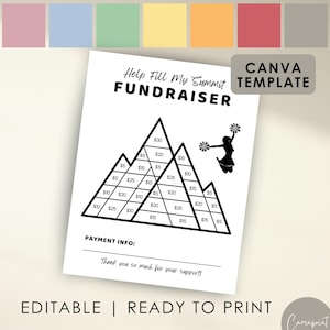 May include: A printable black and white fundraising chart with a cheerleader graphic. The chart is shaped like three mountains with dollar amounts listed on each peak. The text "Help Fill My Summit Fundraiser" is at the top of the chart. The text "Payment Info" is at the bottom of the chart.