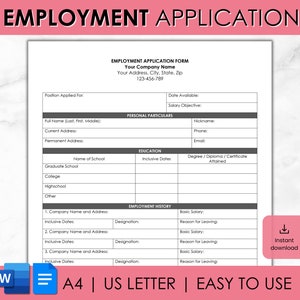 Employment Application, Employee Application Form, Job Application Printable Editable, Small Business Form, PDF Google Docs Microsoft Word