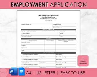 Employment Application, Employee Application Form, Job Application Printable Editable, Small Business Form, PDF Google Docs Microsoft Word