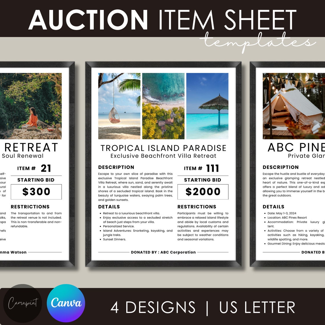 Editable Silent Auction Item Description Sheet, Auction Info Sheet ...
