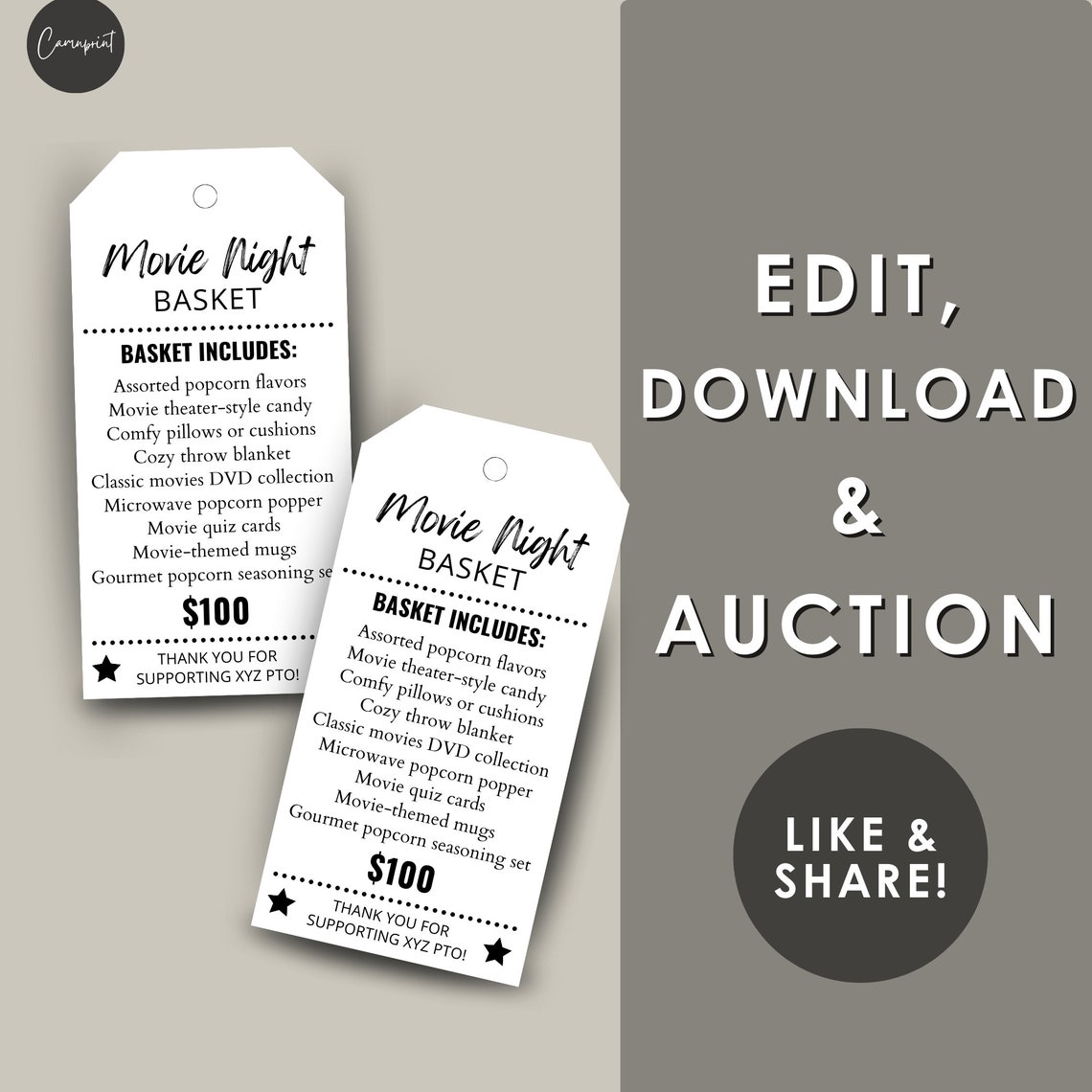 Silent Auction Basket Tags Editable Auction Template for Fundraising ...
