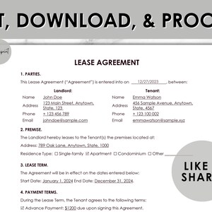 May include: A black and white lease agreement form with the title "Lease Agreement" and the date "12/27/2023". The form includes sections for Landlord and Tenant information, including name, address, phone number, and email address. The form also includes sections for the premise, lease term, and payment terms.