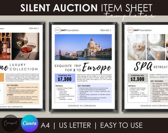 Editable Silent Auction Item Description Sheet, Auction Info Sheet, Silent Auction Display Sign, Item Sheet Bid Sheet Auction Canva Template