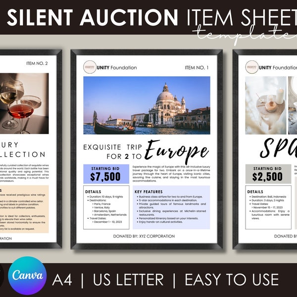 Editable Silent Auction Item Description Sheet, Auction Info Sheet, Silent Auction Display Sign, Item Sheet Bid Sheet Auction Canva Template