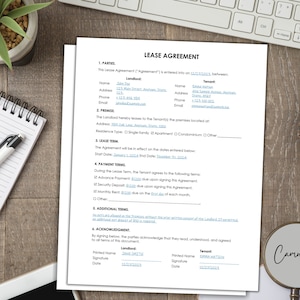 May include: A black and white lease agreement document with the title "Lease Agreement" at the top. The document includes the names of the landlord and tenant, as well as their contact information. The document also includes the address of the property, the lease term, and the payment terms.