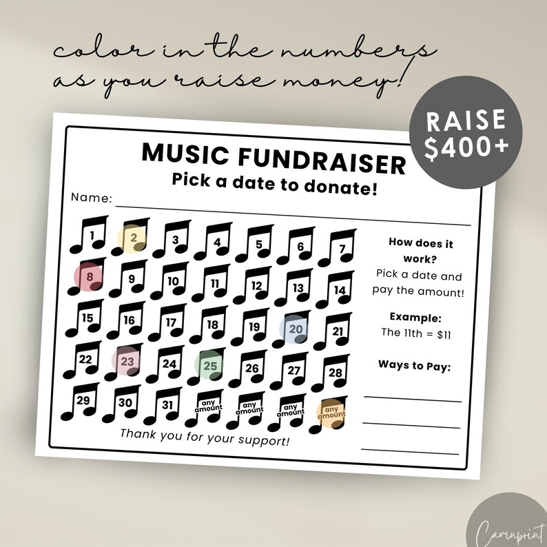 Music Fundraiser Calendar for Marching Band, Choir Fundraiser Form ...