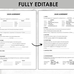 May include: A black and white lease agreement form with the title "Lease Agreement" printed at the top. The form includes sections for parties, premise, lease term, payment terms, additional terms, and acknowledgment. The form is fully editable.