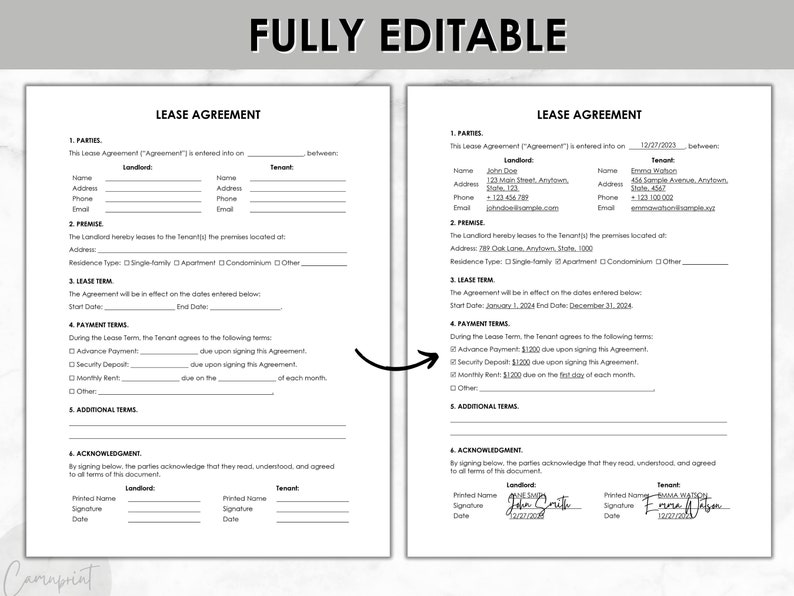 May include: A black and white lease agreement form with the title "Lease Agreement" printed at the top. The form includes sections for parties, premise, lease term, payment terms, additional terms, and acknowledgment. The form is fully editable.
