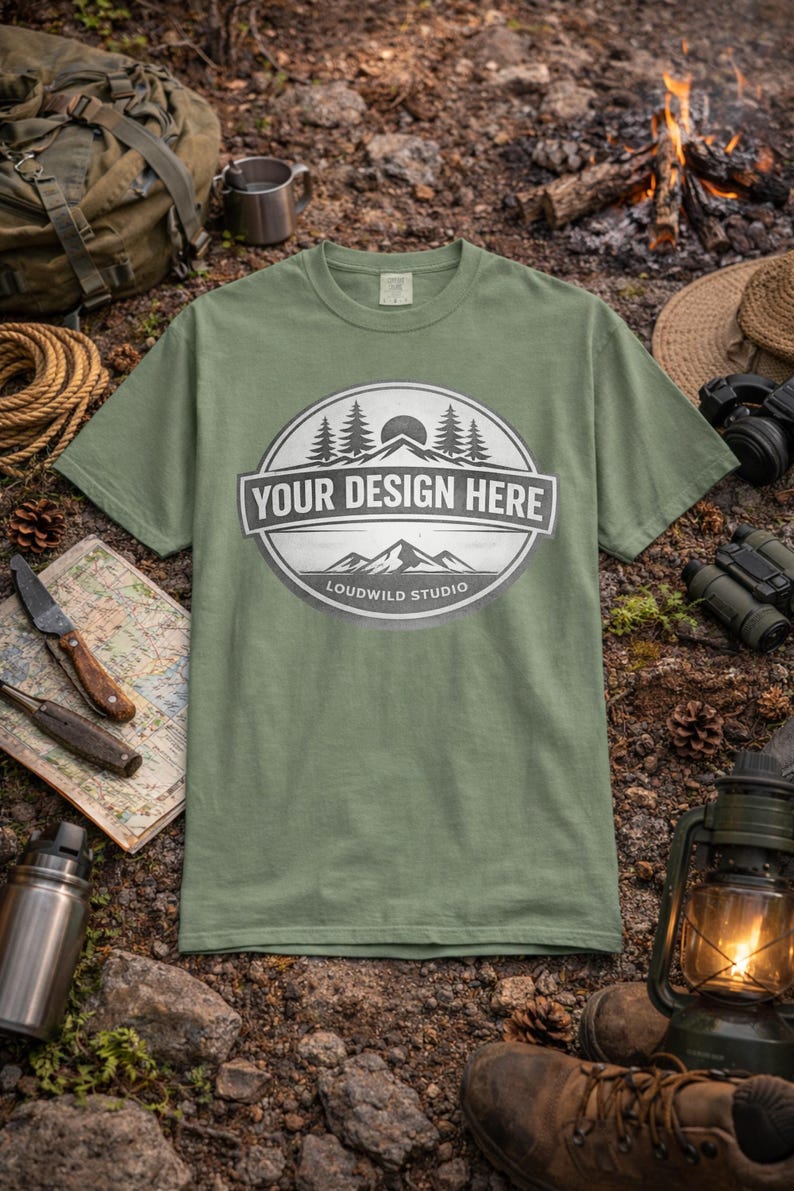 Op de afbeelding: Een olijfgroen t-shirt met een cirkelvormige afbeelding met bomen, bergen en de tekst "YOUR DESIGN HERE" en "LOUDWILD STUDIO". Het shirt wordt gepresenteerd in een natuurlijke buitenomgeving met kampeerspullen.
