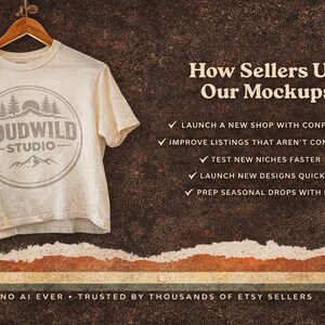 Op de afbeelding: Een cr&egrave;mekleurig t-shirt met het "LOUDWILD STUDIO" logo, hangend aan een houten hanger. Het logo toont een berg en bomen. Tekst aan de rechterkant zegt "Hoe verkopers onze mockups gebruiken" en somt voordelen op. De onderste tekst luidt "NO AI EVER - TRUSTED BY THOUSANDS OF ETSY SELLERS."