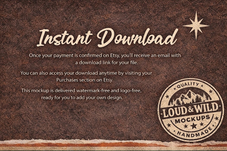 Op de afbeelding: Een bruine, getextureerde achtergrond met de woorden "Instant Download" in een cursief lettertype. De afbeelding bevat tekst over Etsy-downloads en een cirkelvormig "Loud & Wild Mockups"-logo met een berg- en sterontwerp.