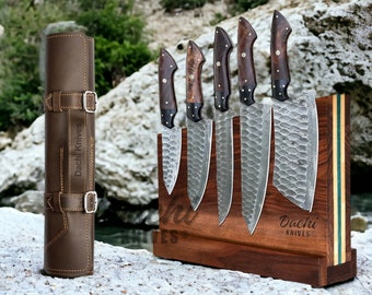 Damascus Kitchen Knife Set with Block, Black Horn & Wood Handle for Chef Knife Set, Leather Bag and Magnetic Knife Block Set