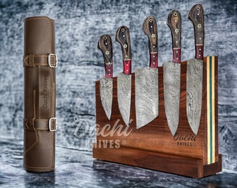 Handcrafted Damascus Steel Kitchen Knife Set, Damascus Chef Knife, Leather Bag and Magnetic Knife Block Set, Full Tang Damascus Knife Set