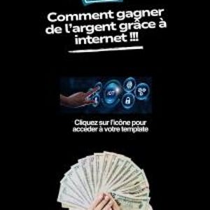 以下が含まれることがあります： フランス語のテキスト「Comment gagner de l'argent grâce à internet !!!」が書かれた黒いグラフィック。人物が顔の前で米ドル札の扇子を持っています。画像には王冠のグラフィックとアイコンをクリックするプロンプトが含まれています。