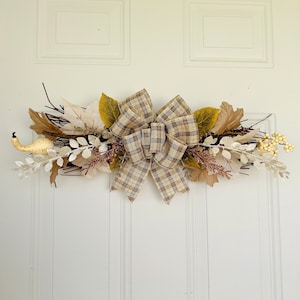 Fall Swag for Front Door with Cream and Gold Maple Leaves and Plaid Burlap Bow - Thanksgiving Autumn Swag Decor