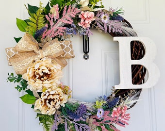Wreath for Front Door- Year Round Willow Wreath with Monogram Letter- Housewarming Gift- Mother's Day- Personalized Gift