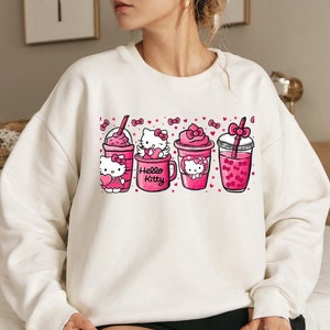 Hello Cat Kitty Shirt | Coffee Cups Drinks Shirt | Adult Unisex Sweatshirt All Sizes | Gift for Friend Girl Family Daughter Jumper