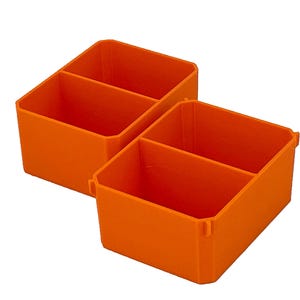 May include: Two orange plastic storage bins, each with two compartments. These bins are designed for storing small items, perfect for organising a workspace or craft area. They are made of durable plastic.