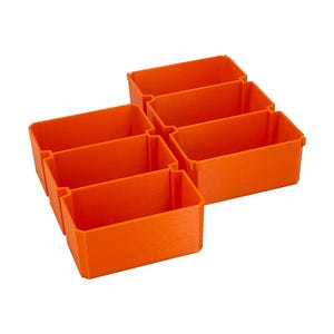 May include: Six bright orange rectangular storage bins. The bins are arranged in a cluster, with three on top and three below. The bins are made of a solid material and have a smooth finish. They are designed for organizing small items.