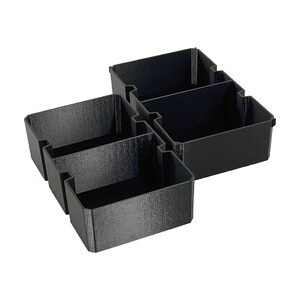 May include: A black plastic organizer with four compartments. The organizer is designed to fit together, with two sections of two compartments each. The compartments are rectangular and have a textured surface.