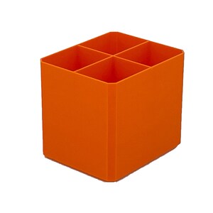 May include: An orange desk organizer with four compartments. The cube-shaped organizer is made of a solid, opaque material and is designed to hold pens, pencils, or other office supplies. The compartments are evenly divided, creating a neat and organized storage solution.