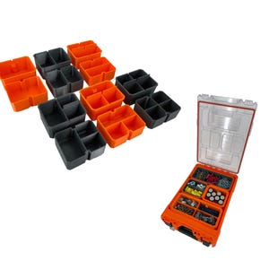 May include: A set of orange and black plastic storage containers with dividers. The containers are arranged in a grid pattern. The containers are designed to fit into a larger storage box, which is also shown in the image. The storage box is open and has a clear lid. The box is filled with various small items, such as screws, nuts, and bolts.