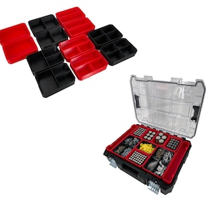 May include: A clear plastic toolbox with a red and black organizer tray insert. The tray is filled with various small metal parts. The toolbox has a clear lid.