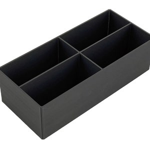 May include: A black plastic organiser with four compartments. The organiser is rectangular and has a smooth surface.