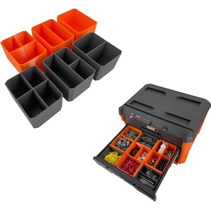 May include: A black toolbox with an orange trim and a drawer full of small parts. The drawer is open and the contents are visible. The toolbox has a label that says "STACK-ON".