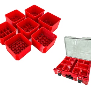May include: Red plastic storage containers with different compartment configurations. The containers are arranged in a semi-circle on a white background. A red toolbox with a clear lid and multiple compartments is also shown.