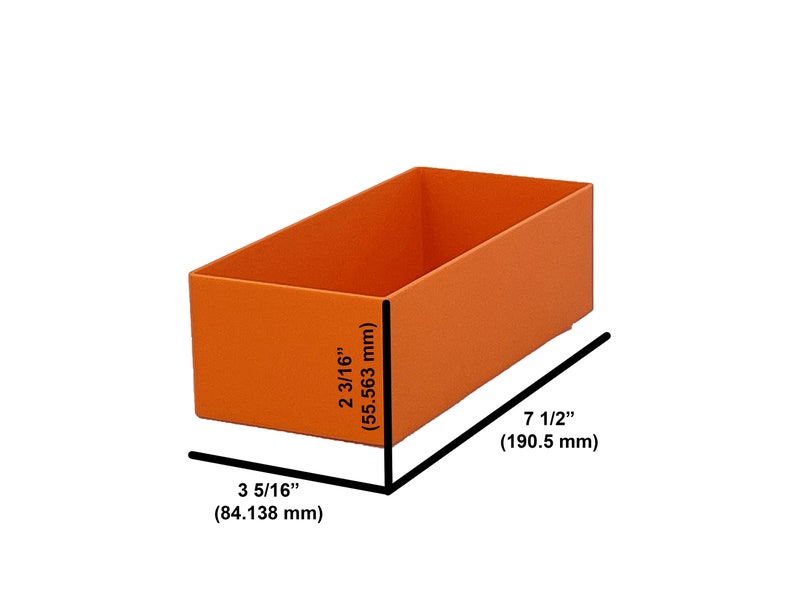May include: An orange rectangular storage box. The box is 190.5 mm long, 84.138 mm wide, and 55.563 mm high. The box is empty and has a simple, clean design. The dimensions are provided in millimeters.