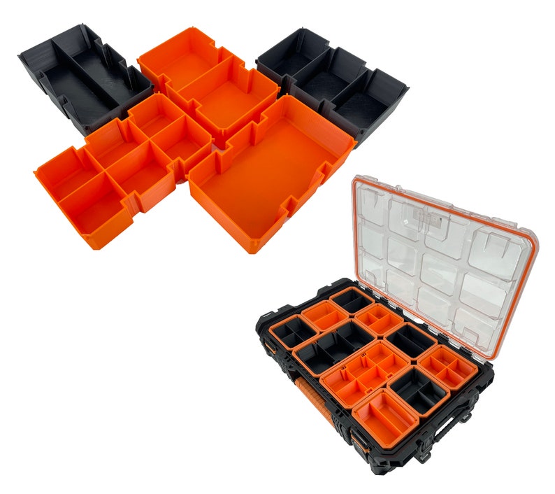 Peut inclure: Un ensemble de bo&icirc;tes de rangement en plastique orange et noir avec plusieurs compartiments. Les bo&icirc;tes sont con&ccedil;ues pour &ecirc;tre empil&eacute;es et organis&eacute;es. Les bo&icirc;tes sont id&eacute;ales pour ranger de petits objets tels que des vis, des &eacute;crous, des boulons et d'autres quincailleries.