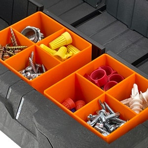 May include: A black plastic toolbox with orange dividers. The toolbox is filled with various small hardware items, including screws, nuts, bolts, and wire connectors.
