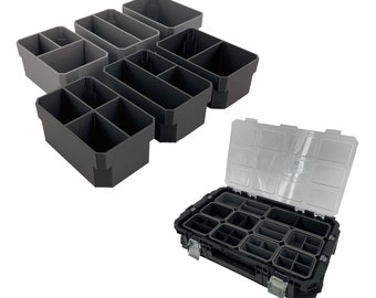 May include: A set of six gray plastic storage bins with dividers, and a black plastic storage box with a clear lid and multiple compartments.