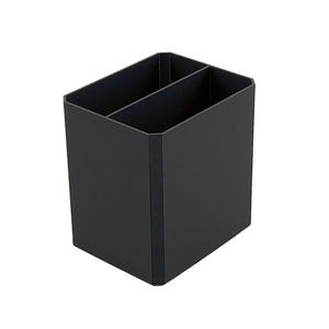 May include: A black desk organizer with two compartments. The organizer is rectangular with a vertical divider and is made of a matte material. The design is simple and modern, suitable for office or home use.