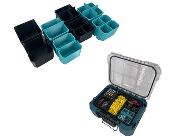 May include: A set of teal and black plastic storage containers with dividers. The containers are arranged in a grid pattern. A teal tool box with a clear lid is open and filled with various small parts.