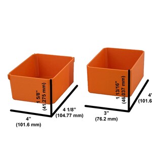May include: Two orange storage bins. The larger bin is 101.6 mm wide, 104.77 mm long, and 41.275 mm high. The smaller bin is 76.2 mm wide, 101.6 mm long, and 46.037 mm high.