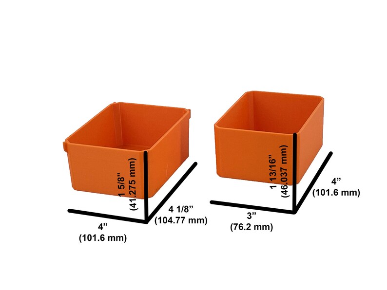 May include: Two orange storage bins. The larger bin is 101.6 mm wide, 104.77 mm long, and 41.275 mm high. The smaller bin is 76.2 mm wide, 101.6 mm long, and 46.037 mm high.