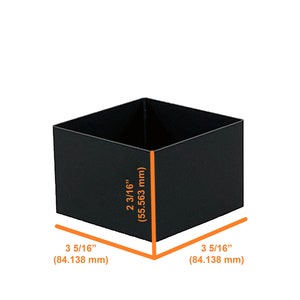 May include: Black square storage box with dimensions of 3 5/16 inches by 3 5/16 inches by 2 3/16 inches.