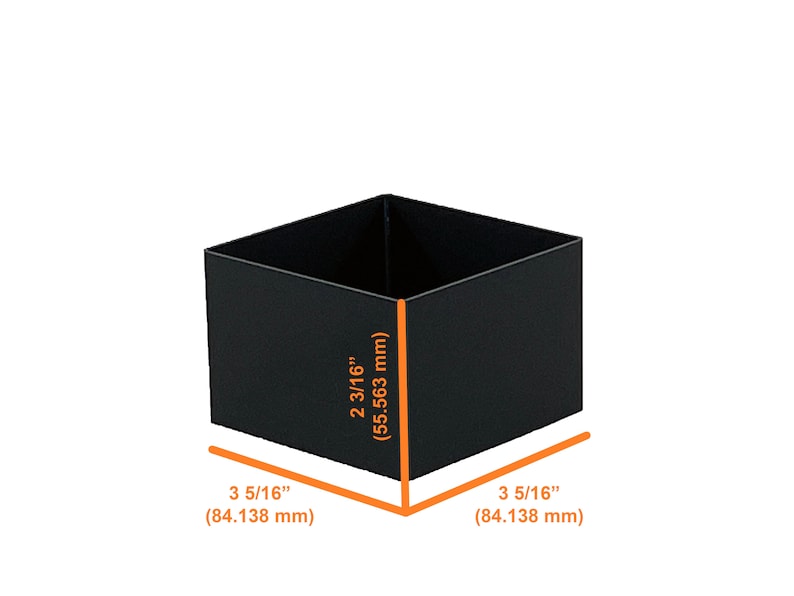 May include: Black square storage box with dimensions of 3 5/16 inches by 3 5/16 inches by 2 3/16 inches.