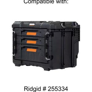 May include: Black tool storage box with three drawers and orange accents. The text "Compatible with:" is above the box, and "Ridgid # 255334" is below.